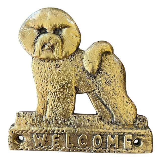 Vintage Solid Brass “Welcome” Dog Door Plaque – Shih Tzu / Bichon Frise Style Small White Dog For Sale