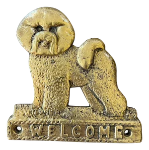 Vintage Solid Brass “Welcome” Dog Door Plaque – Shih Tzu / Bichon Frise Style Small White Dog