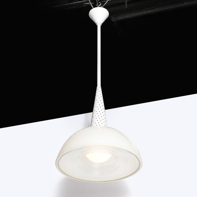 1950s Mid Century Modern White Enamel and Holophane Glass Diffuser Pendant by Mathieu Matégot For Sale - Image 5 of 18