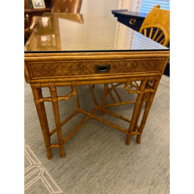 Wood Rattan Midcentury British Colonial Campaign Style Desk & Chair Set For Sale - Image 7 of 10