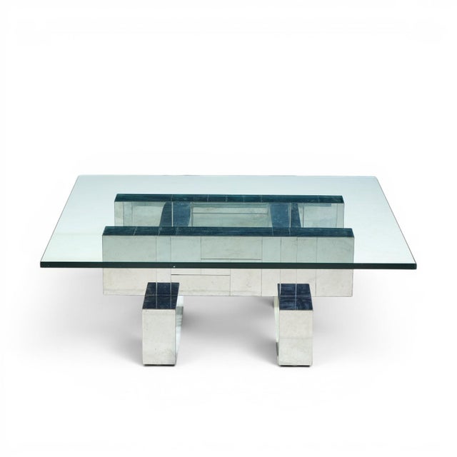 Paul Evans Cityscape Mid Century Chrome and Stainless Steel Coffee Table This coffee table measures: 42 wide x 42 deep x...