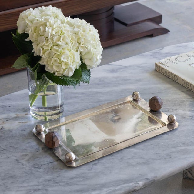 Lovely silver plated Art Deco tray from France, 1930s. Rectangular tray with angled corners and silver ball detail. Two...