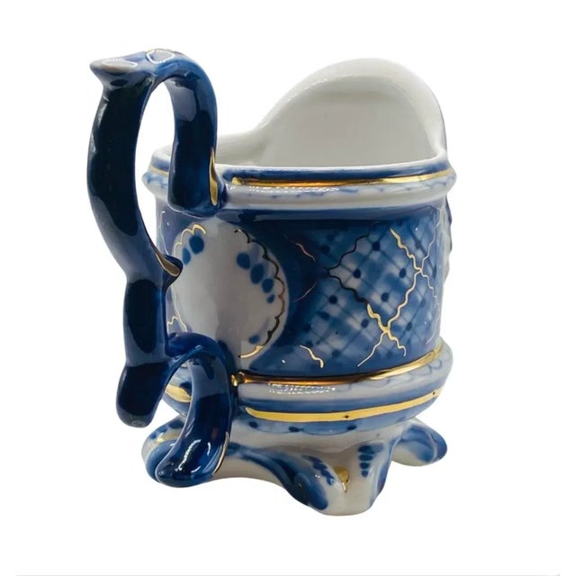 1900 - 1909 Early 1900s Antique Porcelain Hand Painted Gzhel Cup Glass Milk Can Holder, Signed For Sale - Image 5 of 9