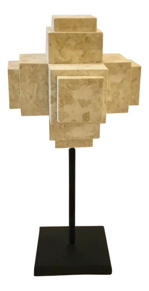 Large Modern Beige Marble Cube Sculpture on a Metal Stand