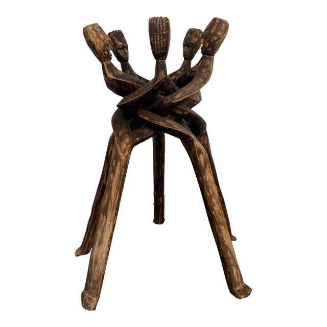 Vintage Five Headed African Wood Carved Plant Stand Side Table For Sale