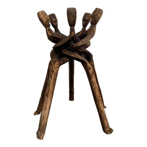 Vintage Five Headed African Wood Carved Plant Stand Side Table
