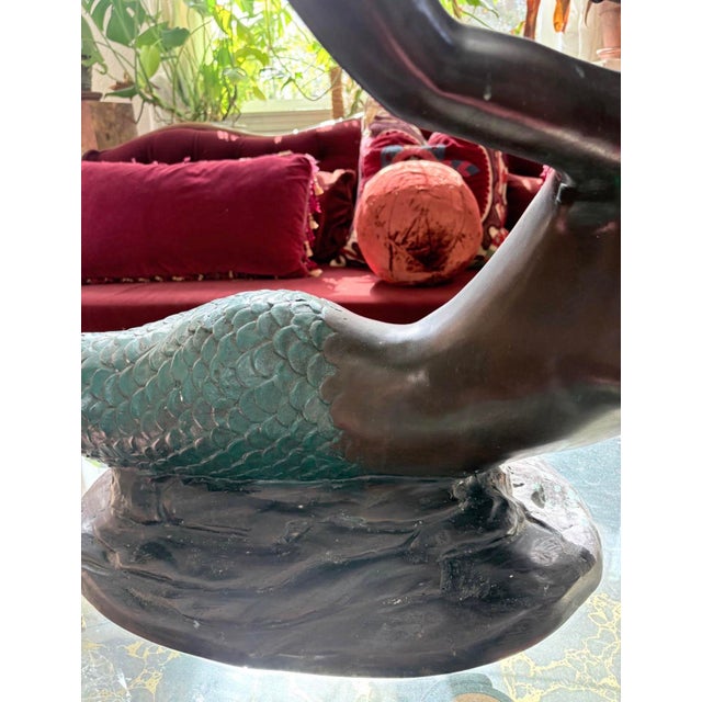 Art Deco Late 20th Century Art Deco Style Mermaid Sculpture With Verdigris Bronze Finish, 40” For Sale - Image 3 of 9