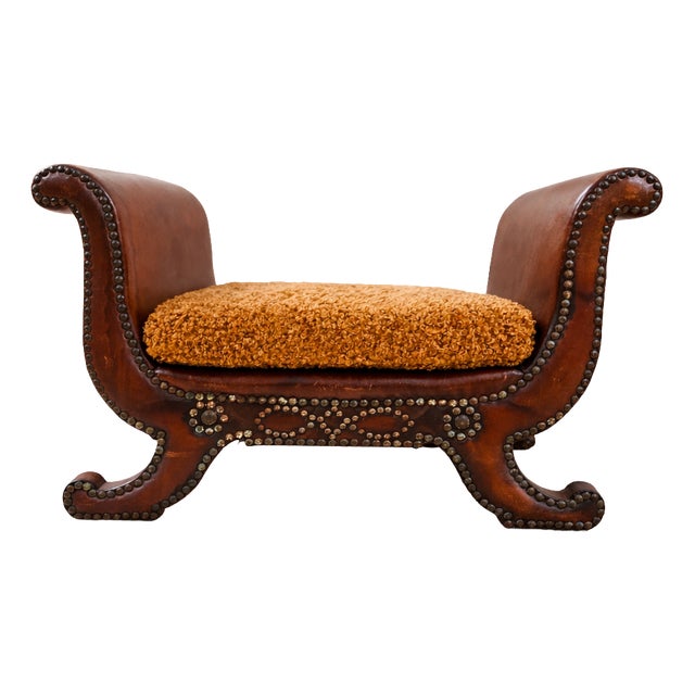 Swedish Leather Footstool attributed to Otto Schulz for Boet, 1930s Art Deco Studded Stool For Sale