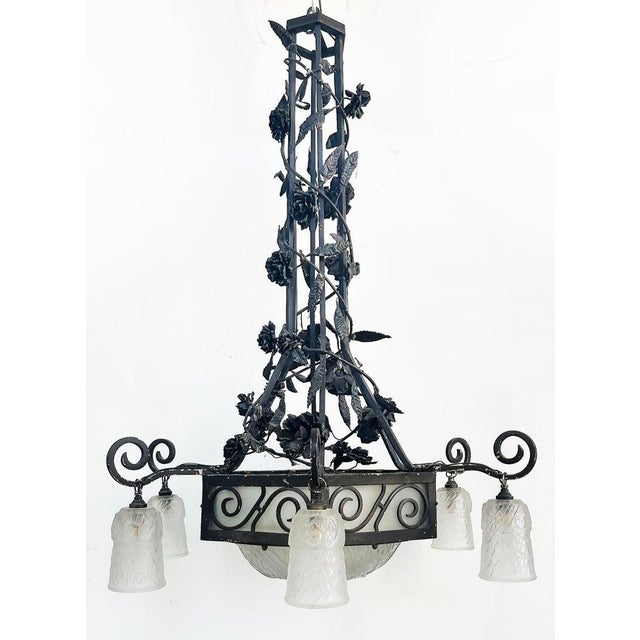 French Art Deco Wrought Iron, Glass Chandelier, Muller Freres Attributed, c1930 Offered for sale is a large French Art...