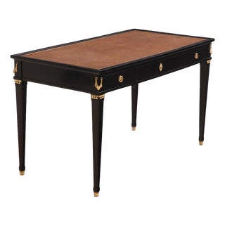 French Directoire Style Ebonized Mahogany Leather Top Writing Table, C. 1945 For Sale