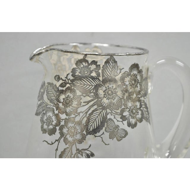 Vintage Art Nouveau Floral Sterling Silver Overlay Crystal Glass Water Pitcher For Sale - Image 9 of 11