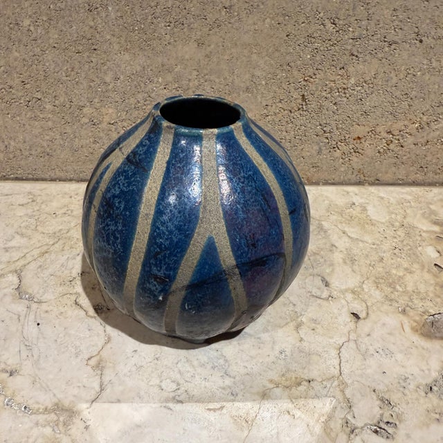 Modernist Studio Art Pottery Blue Vase Vessel Signed For Sale In San Diego - Image 6 of 11