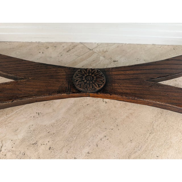 Late 20th Century English Oak Bench With Tufted Beige Suede Seat and Brass Nailhead Trim For Sale In Miami - Image 6 of 8