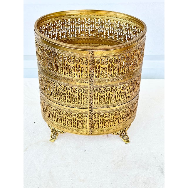 Gold Vintage Hollywood Regency Gold Ormolu Filigree Pierced Waste Basket With Claw Feet For Sale - Image 8 of 9