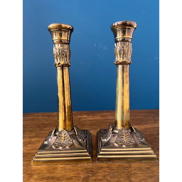 Metal English Antique Brass Candlesticks With Ivy Relief Bases, Circa 1900 For Sale - Image 7 of 17