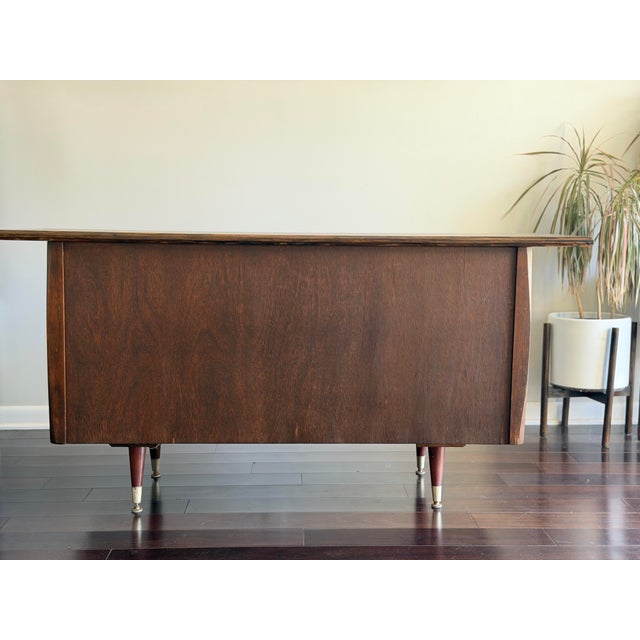 Brown Vintage American Mid Century Modern Walnut Credenza, Sliding Door Sideboard, Media Console, Tv Stand & Record Cabinet For Sale - Image 8 of 11