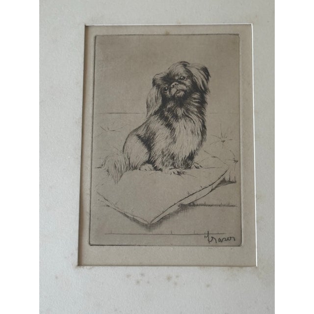 English Vintage Framed and Signed Monochrome Etching of Pekingese Dog Seated on Cushion For Sale - Image 3 of 7