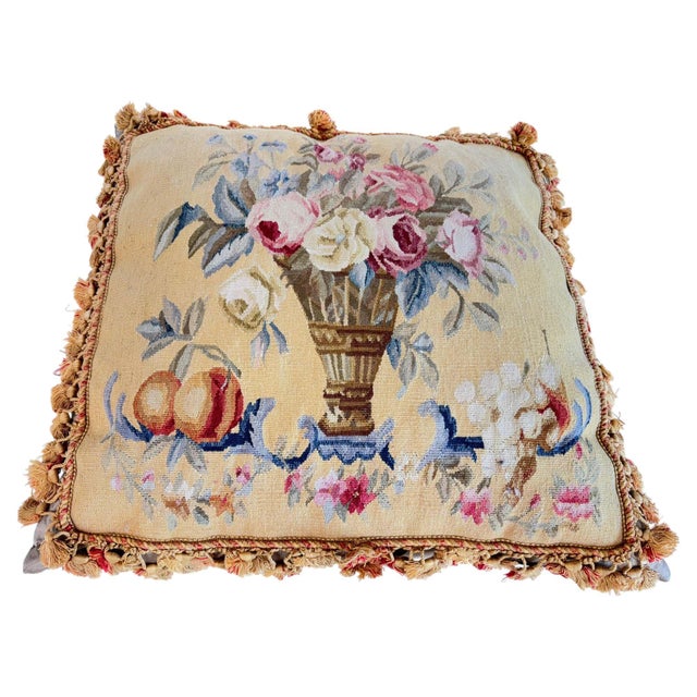 French Aubusson Style Tapestry Pillow with Silk Velvet Backing A luxurious large French Aubusson-style tapestry pillow...