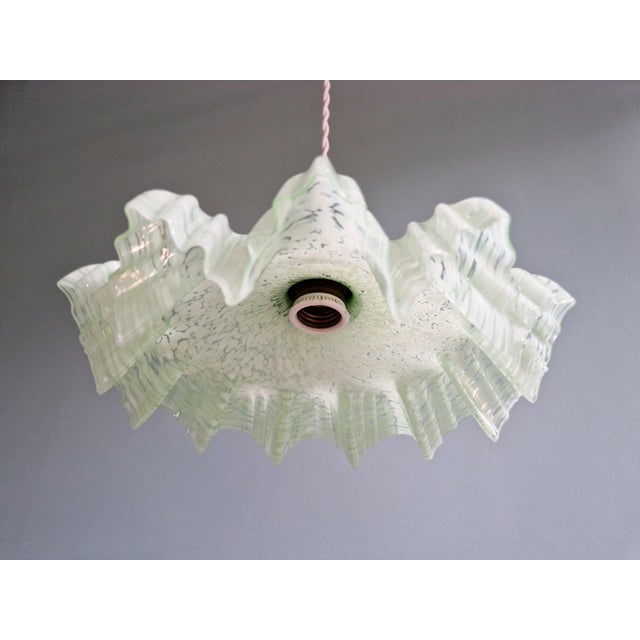 Art Deco Pendant Light in Speckled Green and White Pleated Glass, 1920s For Sale - Image 12 of 16