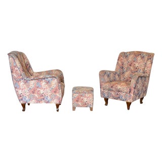 Vintage Chairs with Poufs, 1960s, Set of 3 For Sale