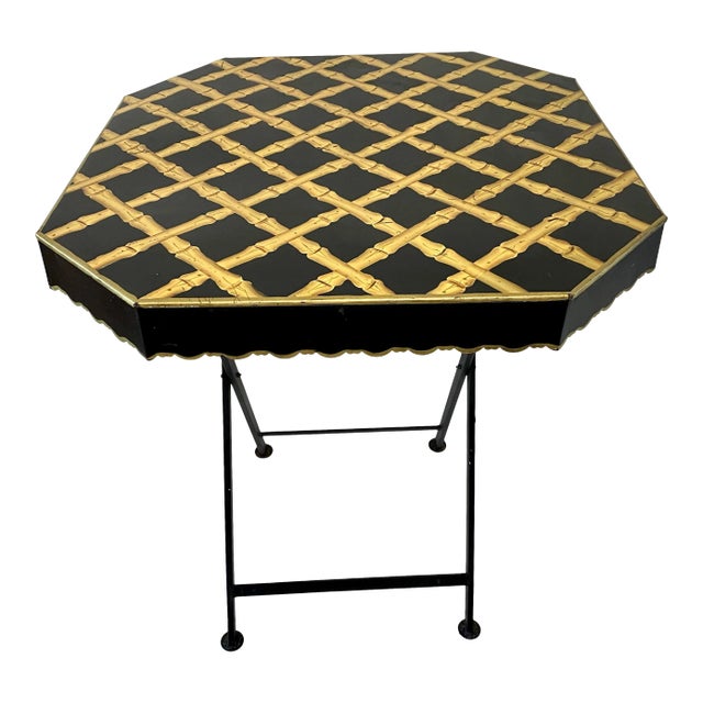 20th Century Bamboo Trellis Painted Tole Folding Table For Sale