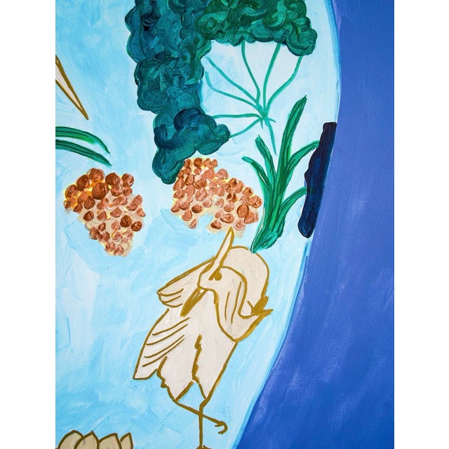 Chinoiserie Contemporary Lotus and Crane Painting by Dorothy Collier, 36x36 Acrylic on Panel, Chinoiserie Bird Art, Blue Green Botanical Wall Art For Sale - Image 3 of 4
