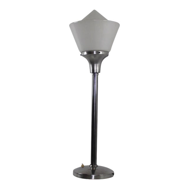 Art Deco Aluminum & Opaline Glass Table Lamp, 1930s For Sale