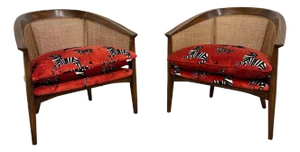 Pair of Mid-Century Caned Back Barrel Club Chairs Attributed to Directional Zebra