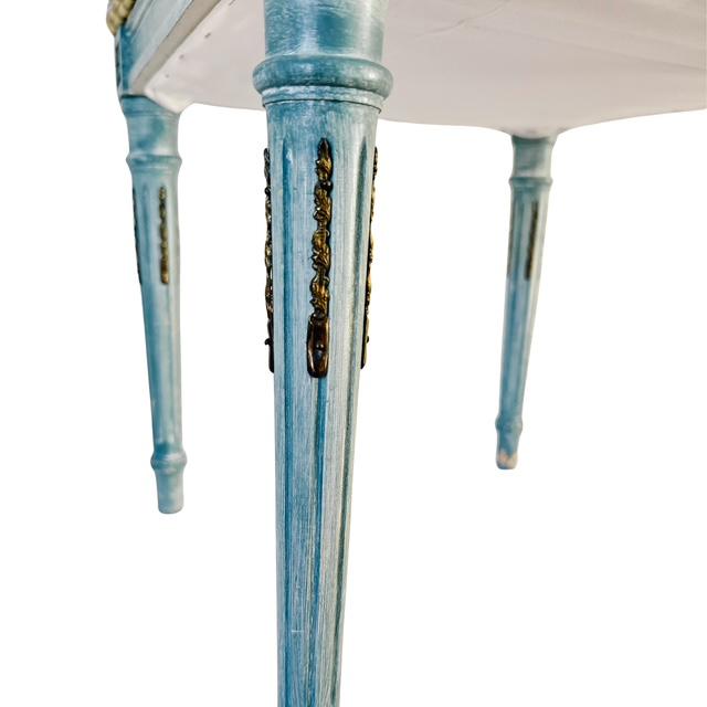 Mid 20th Century French Louis XVI Style Blue Painted Footstools With Brass Accents & Polka Dot Cut Velvet - A Pair For Sale In San Diego - Image 6 of 18