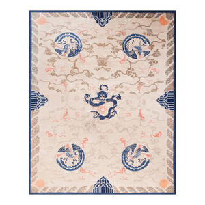 An Ivory Background Color With Unique Dragon in Center on Chinoiserie Pattern Antique Chinese Peking Rug