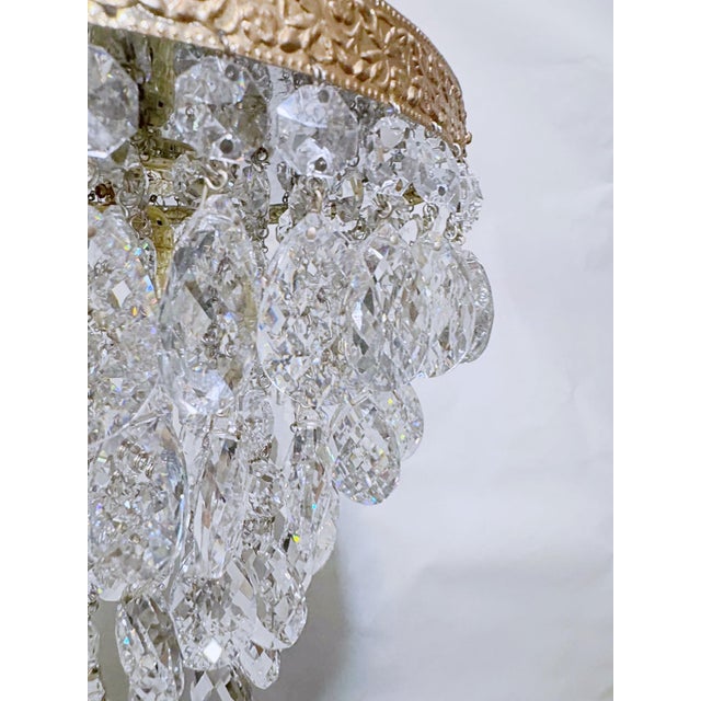 Metal Vintage Multi-Tier Crystal Waterfall Chandelier With Ornate Brass Rim For Sale - Image 7 of 9