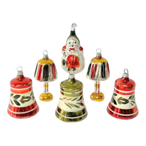 1950s West German Mercury Glass Christmas Ornaments – Bells, Lamps & Mrs. Claus – Set of 6