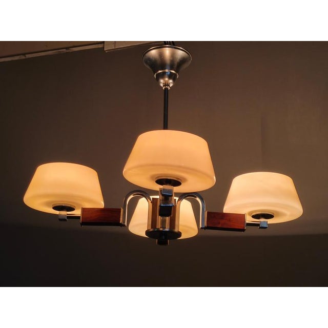 Art Deco Chandelier in Chrome, Wood and Glass, Czechoslovakia, 1930s For Sale - Image 13 of 14