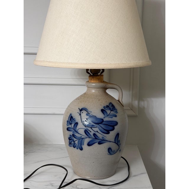 Vintage Rowe Pottery Works Salt Glazed Stoneware Cobalt Blue Bird Jug Table Lamp 25" For Sale - Image 10 of 18