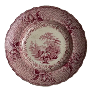 English Transferware Plate in Red With "Park Scenery" Pattern
