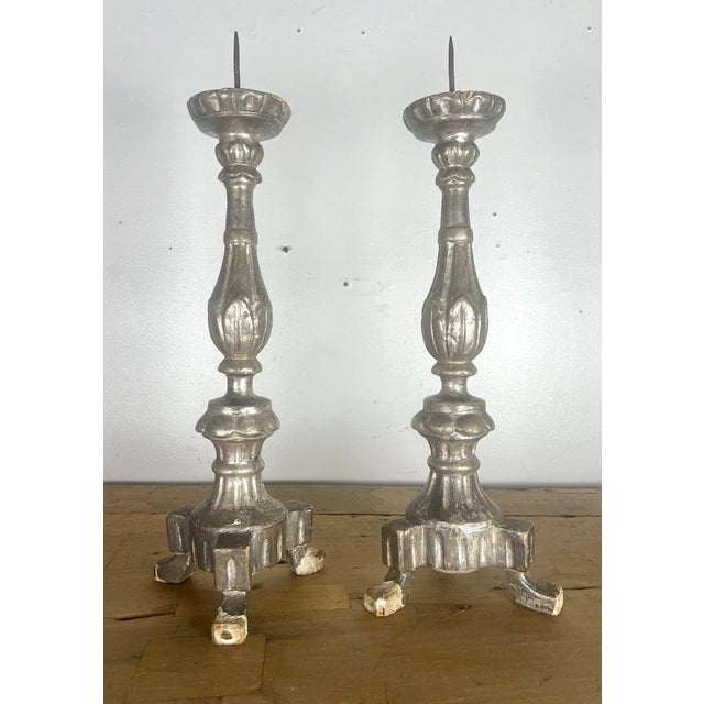 Wood 19th Century Italian Silver Gilt Neoclassical Hand-Carved Candlesticks For Sale - Image 7 of 10