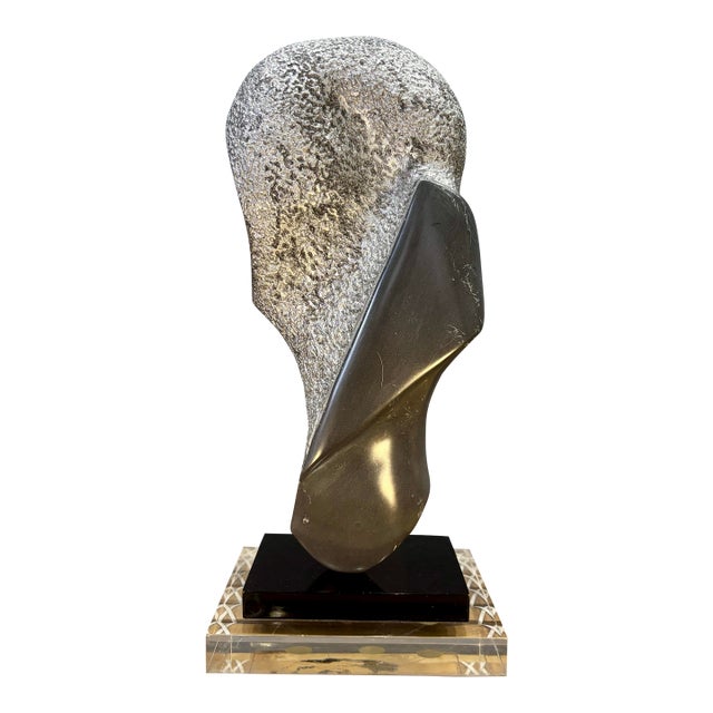 Vintage Postmodern Abstract Carved Stone Sculpture on Lucite Base For Sale