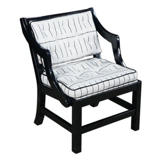 Mid Century Diminutive Black Lacquer Tufted & Striped Chinoiserie Arm Chair For Sale