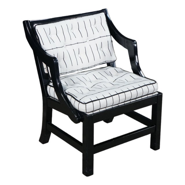 Mid Century Diminutive Black Lacquer Tufted & Striped Chinoiserie Arm Chair For Sale