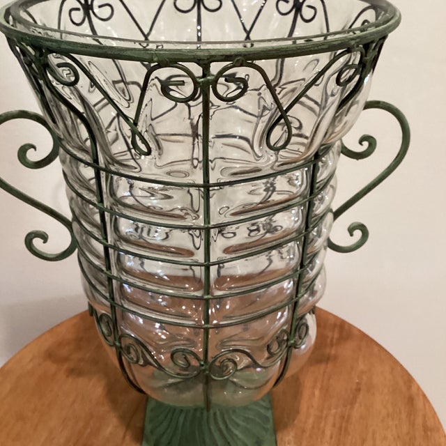 French Large Hand Blown Caged Glass Footed Vase Wrought Iron Frame Scroll Handles For Sale - Image 3 of 12