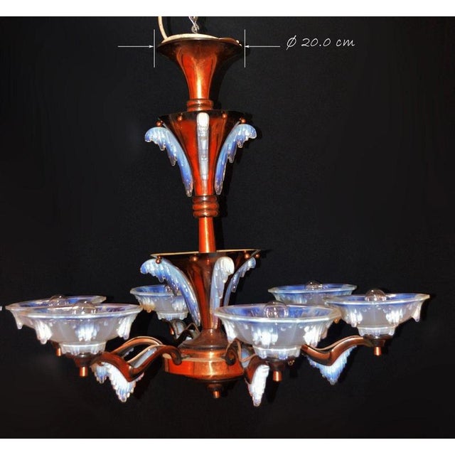 French Art Deco Ezan Six-Light Opalescent Glass Stalactite Chandelier, 1930 For Sale - Image 12 of 18