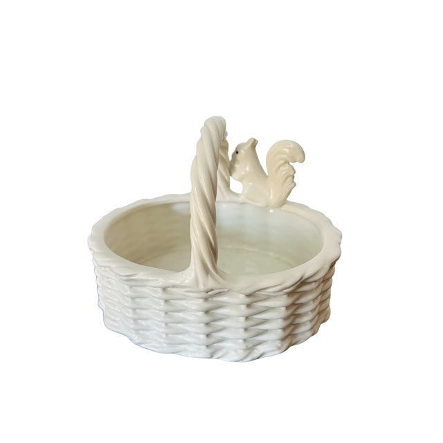 Late 20th Century Vintage Italian White Ceramic Squirrel Basket Bowl – Handcrafted Stoneware Candy Dish For Sale - Image 5 of 8
