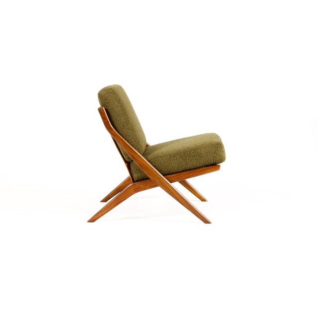 1960s Danish Modern Mid Century Walnut Scissor Lounge Chairs — Folke Ohlsson for Dux — Olive Bouclé For Sale In Los Angeles - Image 6 of 11