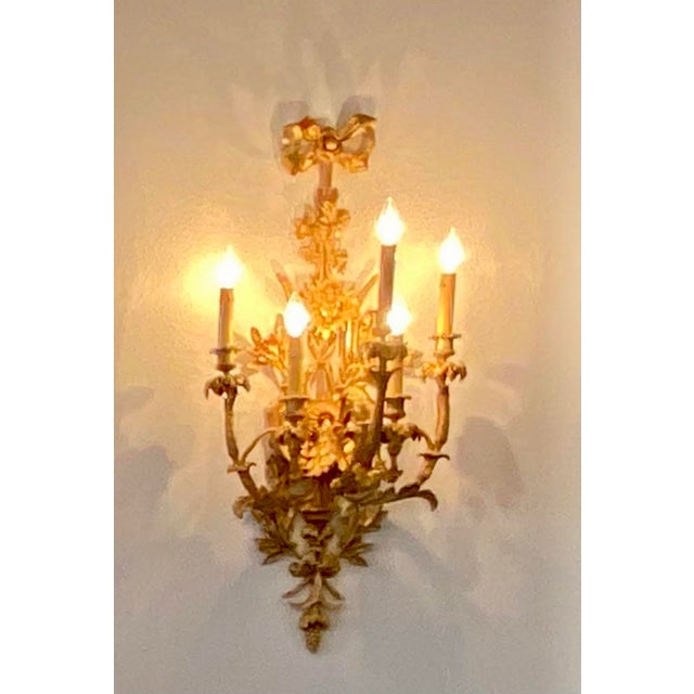 Traditional 1990s Pair of Gold Colored Metal Hard Wired Sconces With 5 Candelabras For Sale - Image 3 of 5