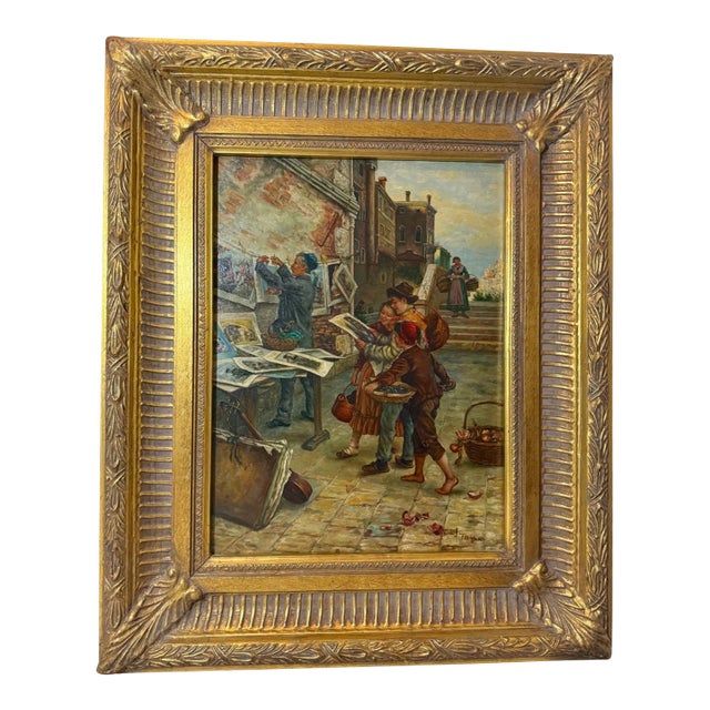 Vintage a Tucker Venetian Street Artist Selling Art Realism Oil Painting on Wood For Sale