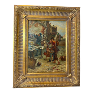 Vintage a Tucker Venetian Street Artist Selling Art Realism Oil Painting on Wood
