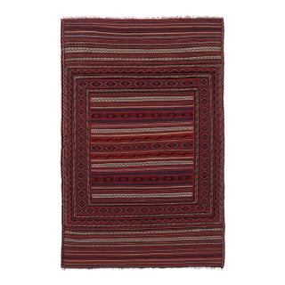 Vintage Persian Soumak Kilim, Crimson Red Frame With Tribal Motifs - Rug & Kilim For Sale