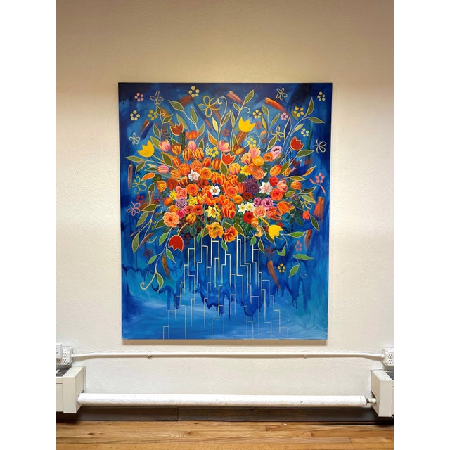 In "Mega City Redux," a vibrant bouquet bursts forth against a bold blue backdrop, merging floral elements with geometric...