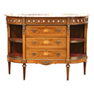 Mid-Century French Louis XVI Marquetry Marble-Top Commode À L’Anglaise For Sale