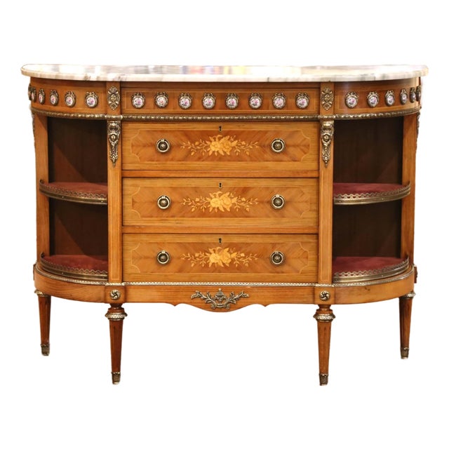 Mid-Century French Louis XVI Marquetry Marble-Top Commode À L’Anglaise For Sale